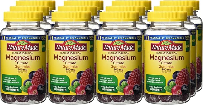 Nature Made High Absorption Magnesium Citrate 200mg Gummies, 60 Count, Mixed Berry, 60 Count (Pack of 12)