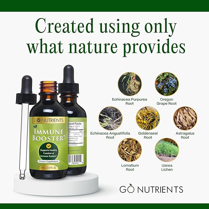 Go Nutrients Immune Booster – Liquid Herbal Support with Echinacea, Goldenseal & Usnea - 7 in 1 Enhancing Defense for Adults & Kids | 2 oz Tincture (48 Servings) for Natural Defense & Wellness