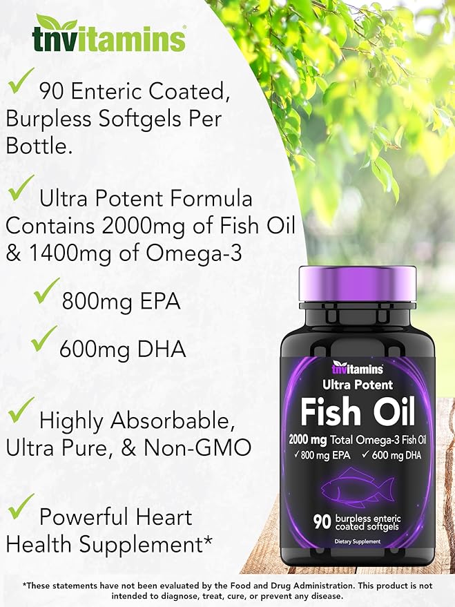 Burpless Omega-3 Fish Oil: 2000mg - 90 Softgels | 1400mg Total Omega-3 Fatty Acids (800mg EPA & 600mg DHA) | Enteric Coated Burpless Ultra Potent Fish Oil | Supports Heart Health