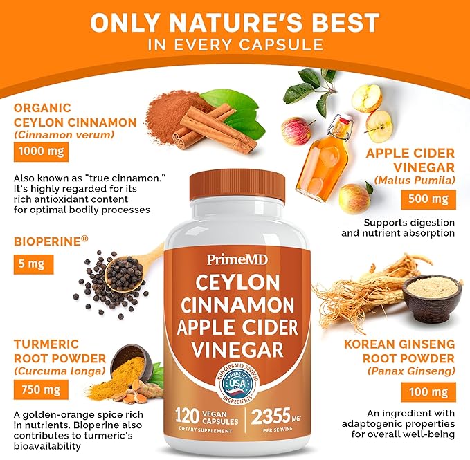 5-in-1 Ceylon Cinnamon Capsules 2355mg - Ceylon Cinnamon and Apple Cider Vinegar Capsules - Turmeric and Panax Ginseng Capsules - Cinnamon Supplements with Bioperine (120ct, Pack of 3)