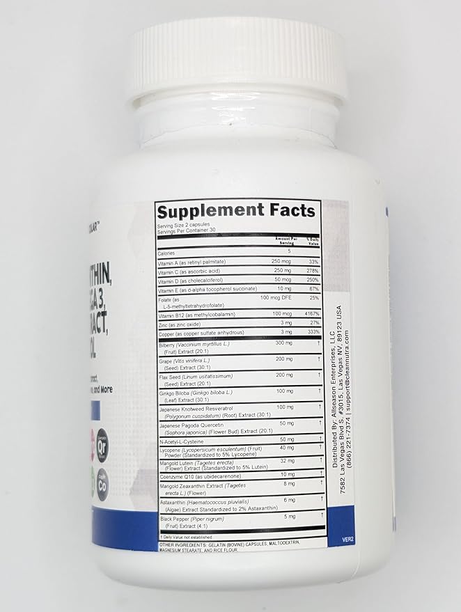 Clean Nutra Eye Vitamins with Bilberry Lutein and Zeaxanthin Supplements Lycopene 40mg Resveratrol Grape Seed Astaxanthin for Eyes - Eye Care Health Support Eye Vitamin and Mineral Supplement