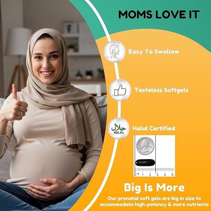 Halal Prenatal Vitamins with DHA and Folic Acid | High Potency 90 Softgels, Keto-Friendly | Vitamin C 120mg, DHA 250mg, Folic Acid 800mg, EPA 90mg, Biotin & Iodine