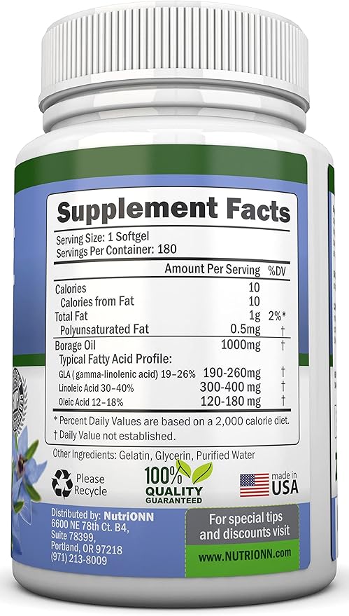 Borage Oil - 1000 mg - 180 Softgels - Cold Pressed High GLA Borage Seed Oil - Hexane and PA Free - Great for Skin, Hair and Bones.