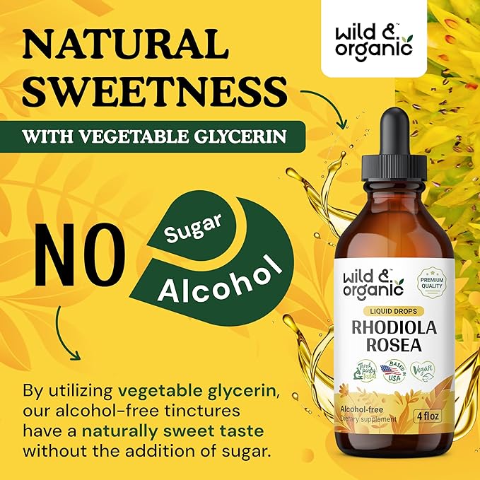 Wild & Organic Rhodiola Rosea Tincture - Rhodiola Rosea Supplement for Mood Support - Relaxing Root Extract Liquid Drops - Vegan, Sugar & Alcohol-Free - 4 fl oz