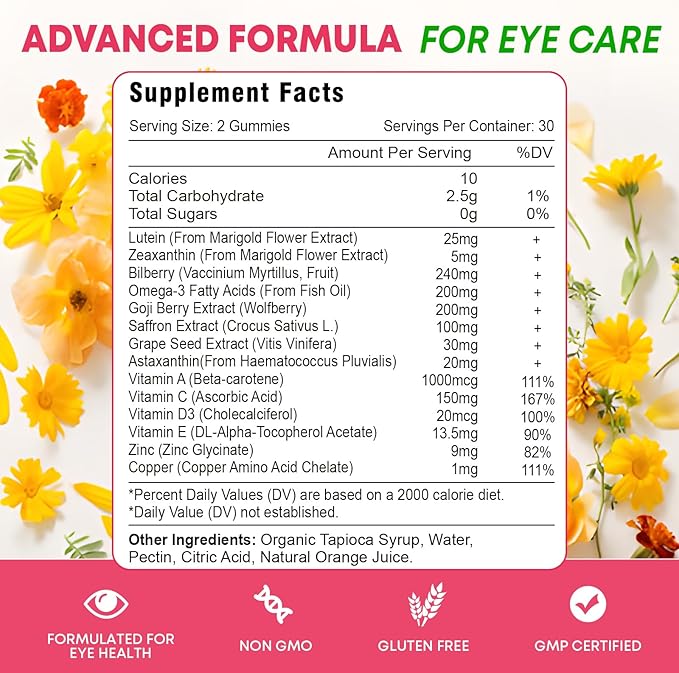 Lutein and Zeaxanthin Supplements Gummies, Advanced Eye Vitamin Supplement with Bilberry, Saffron, Grape Seed, Omega 3 for Macular Health, Dry Eye, Visual Function - Orange Flavor, 120 Count