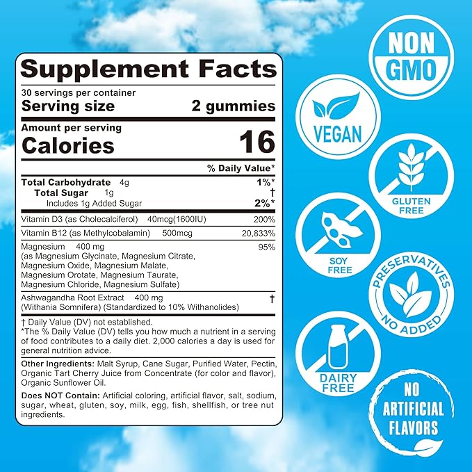 Magnesium Gummies 400mg | as 8 Forms of Magnesium Glycinate, Malate, Citrate, Taurate, Oxide, and More | with Ashwagandha Extract, D3 & B12 Supports for Calm, Zzz, Mood, Muscle Cramp - Vegan 60 Cts