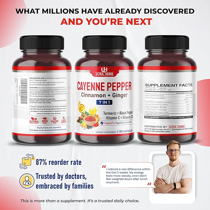 Cayenne Pepper 7 in 1 - - with Ginger, Turmeric, Cinnamon, Black Pepper - Promotes Digestive System Function (150-day Supply (Pack of 1))