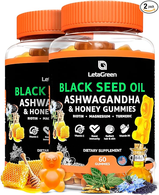 Black Seed Oil Gummies - 60 Nigella Sativa Bears with Ashwagandha Extract - Immune Support & Natural Cleanse – Chewable Black Seed Oil Gummies for Adults (Pack of 2)