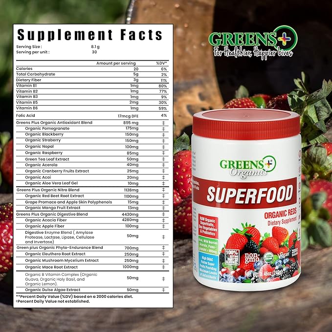 Greens+ Organic Reds Superfood Powder Organic RAW Superfood Powder Immune Support Energy Boost, Nutrition, Vibrant Health, Dietary Supplement, Vegan, Soy/Dairy/Gluten Free