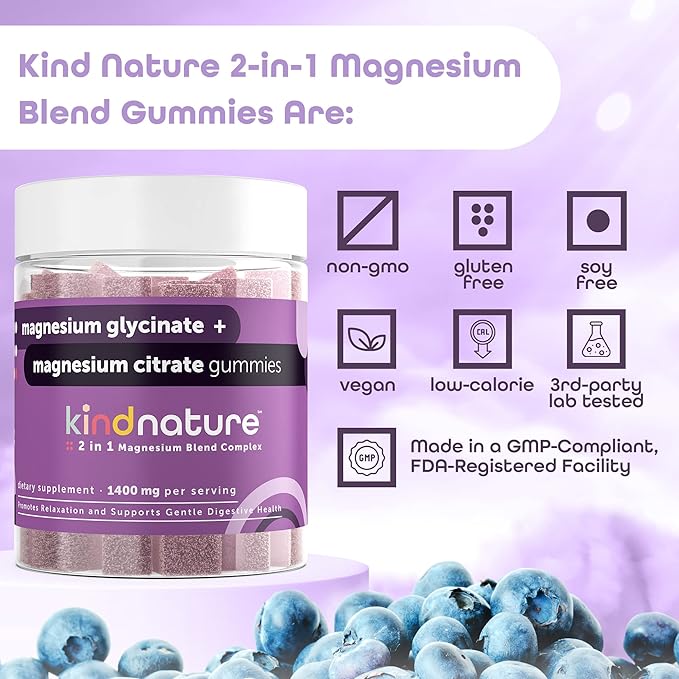 Kind Nature Magnesium Glycinate & Citrate Gummies – Calm Magnesium Complex for Sleep, Stress, Cramps & Digestion – Chewable Vegan Magnesium Supplement for Women, Teens, Adults – 60 Ct