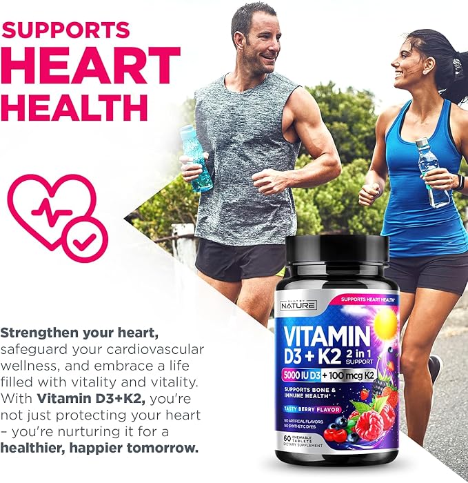 Vitamin D3 K2 – Chewable Vitamin D 5000 IU & K2 MK-7 100 mcg – 2 in 1 Vitamin D K2 Supplement Chews - Immune, Heart, & Bone Support – Non GMO - Tasty Berry Flavor - 60 Chewable Tablets