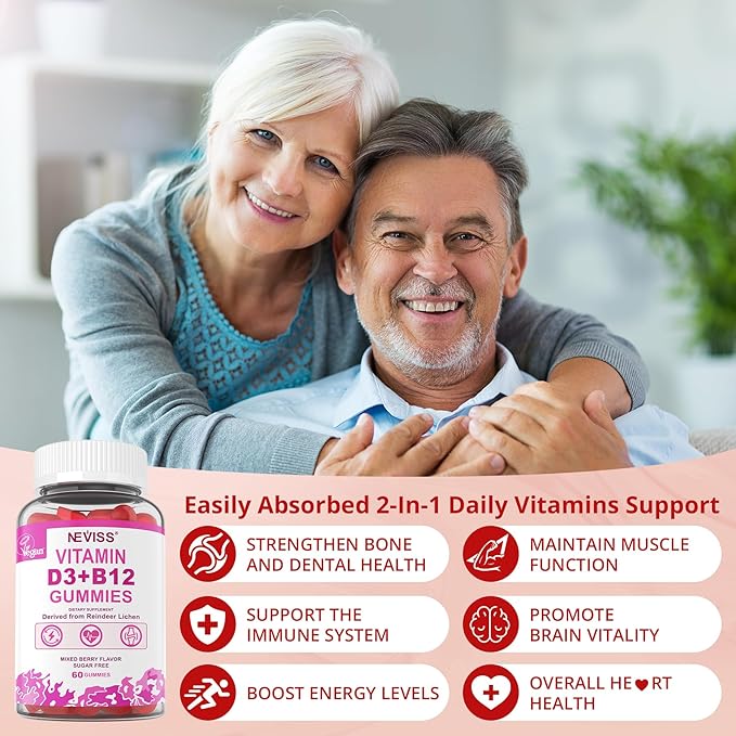 2Pack Vegan Vitamin D3 + Vitamin B12 Gummies, High Potency Vitamin D3 5000IU & 1000 mcg Methylated B12, Vitamin D3 and B12 for Adults, Support Bone Health, Immune & Energy Supplement, 120 Count