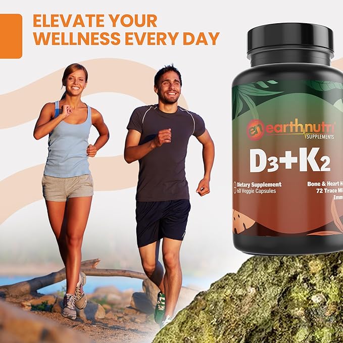 Vitamin D3 K2 Supplement 5000 IU – Includes K2 from MENA Q7, D3 from Vitashine, Calcium from Aquamin & 72 Trace Minerals – for Immune, Bone & Heart Health – Non-GMO – 60 Veg Capsules