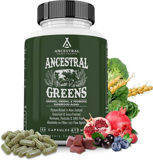 Ancestral Supplements Greens Powder Capsules, Organic Superfood Greens & Reds Blend with Spirulina, Chlorella, Grass Fed Beef Organs, and Probiotics for Gut Health, Non GMO, 615mg Each, 180 Count