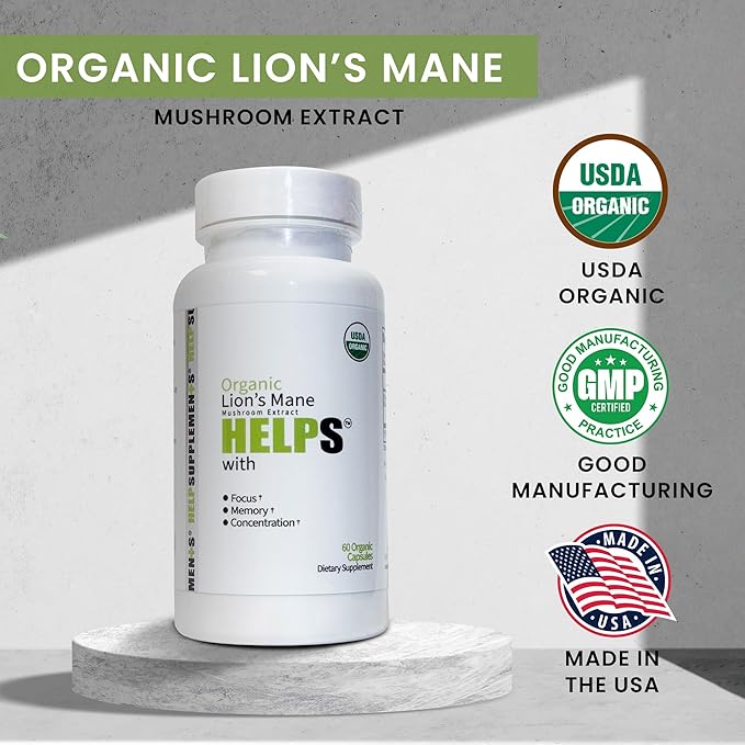 Organic Lion's Mane Mushroom Capsules | 1000mg Lions Mane Powder Extract Supplement | Dietary Herbal Supports for Focus, Memory, Digestion & Immune Health | Gluten, Soy, Milk-Free | 60 Capsules
