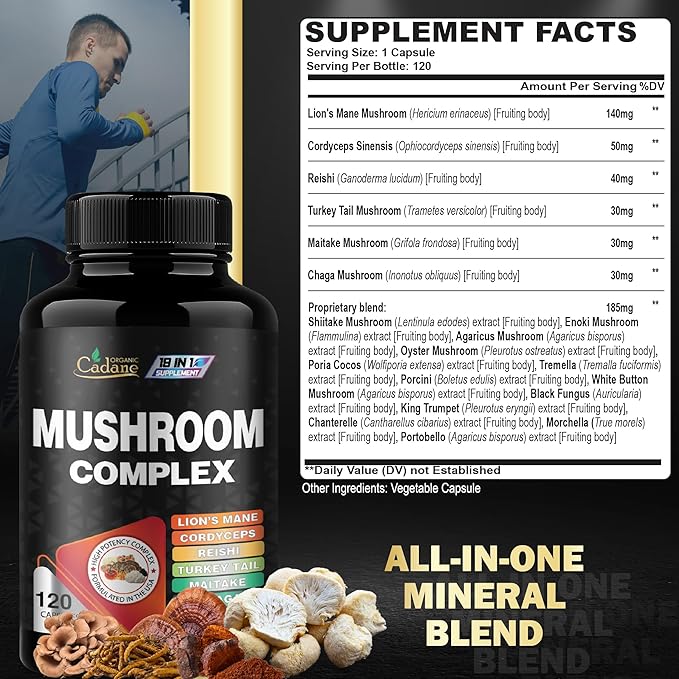 Cadane Mushroom Complex Supplements - 19in1 Concentrated with Lions Mane, Cordyceps Sinensis, Reishi, Turkey Tail Mushroom, Maitake, Chaga, Shiitake, Enoki & More - 120 Caps for 4 Months Supply