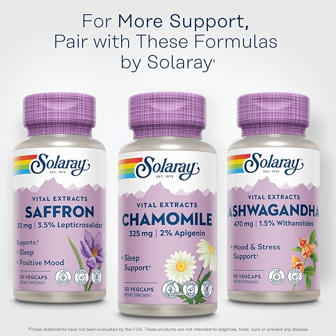 SOLARAY Chamomile Extract, Sleep Supplement Support, 2% Apigenin, Vegan, Gluten Free, Made Without Soy, 60 Day Money-Back Guarantee, 30 Servings, 30 VegCaps