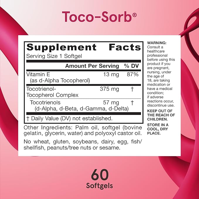 Jarrow Formulas® Toco-Sorb Cardiovascular Health and Brain Function Support, High Absorption Formula, Tocotrienol-Tocopherol Complex and Vitamin E, 60 Softgels, 30 Day Supply