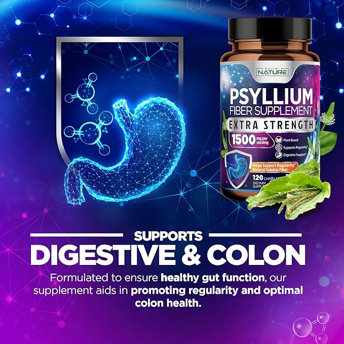 Psyllium Husk Capsules 1500mg - Fiber Supplement - Natural Soluble Fiber Pills with Psyllium Husk Powder - Supports Digestive Gut and Colon Health - Non-GMO, Gluten-Free, Vegan - 120 Capsules