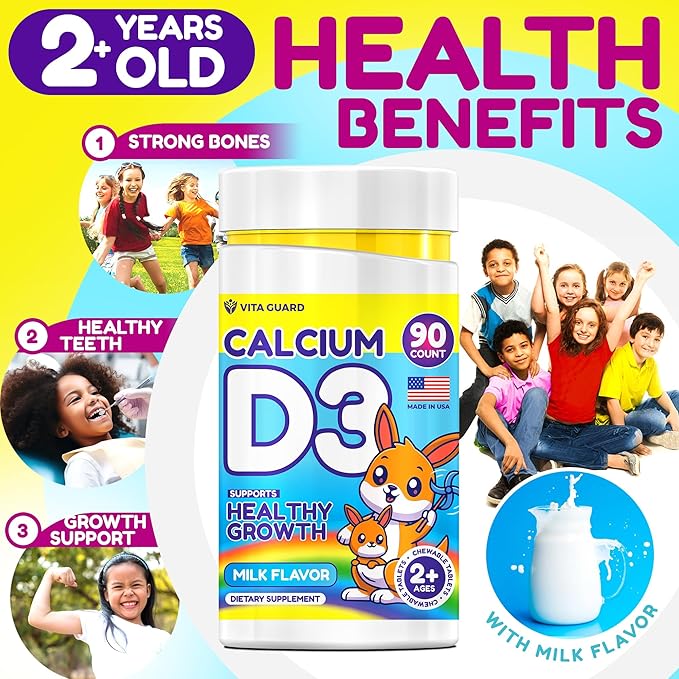 Calcium D3 Chewable Tablets for Kids โ 640 mg Calcium & 320 IU Vitamin D3 โ Non-GMO, Milk Flavor โ Bone & Teeth Support Supplement โ 90 Tablets for Ages 2+