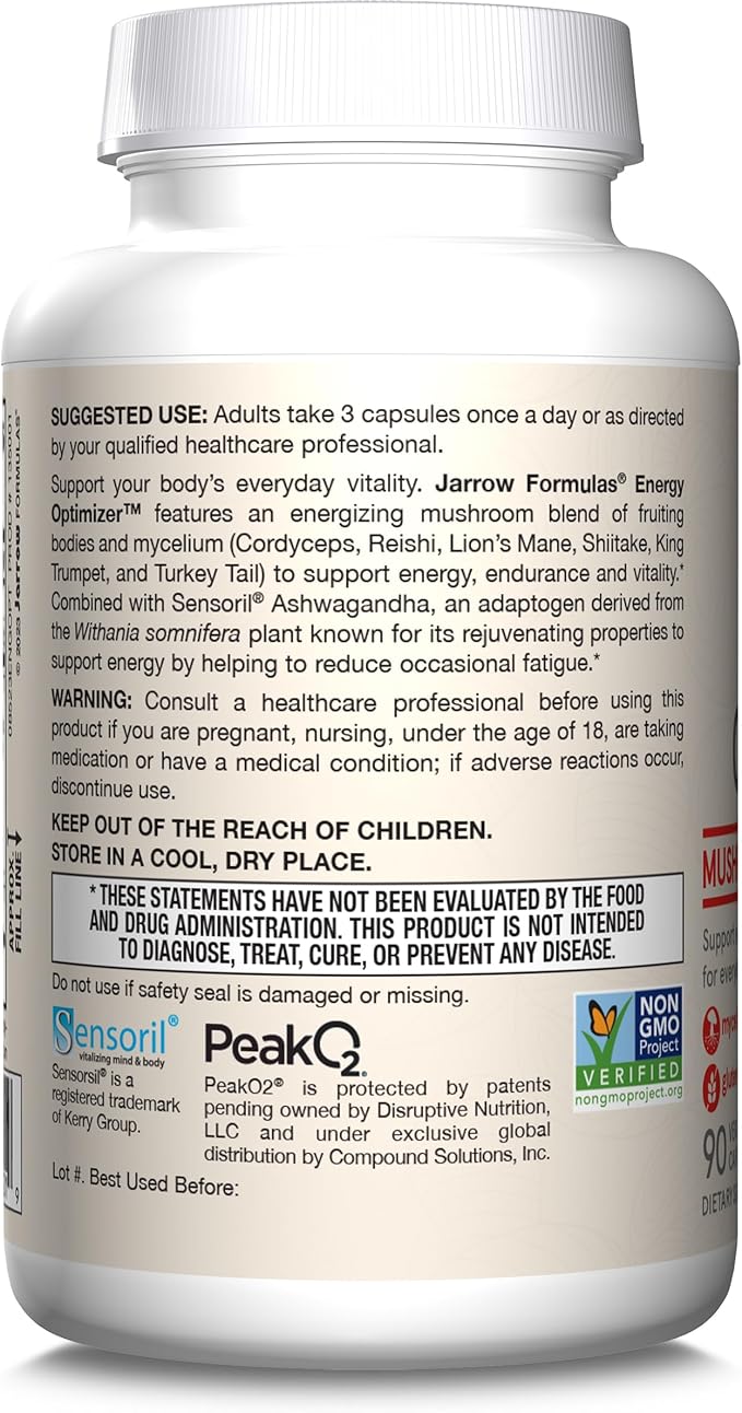 Jarrow Formulas Energy Optimizer with Cordyceps, Reishi, Lion’s Mane, Shiitake, King Trumpet, and Turkey Tail Mushrooms, Dietary Supplement with Ashwagandha, 90 Veggie Capsules, 30 Day Supply