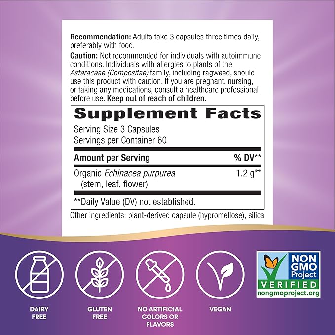 Nature's Way Echinacea Purpurea Herb, Immune Support*, 1,200 mg per 3- Capsule Serving, Non-GMO Project Verified, Vegan, 180 Capsules