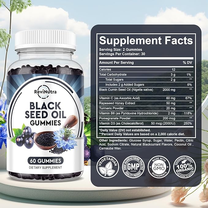 Black Seed Oil Gummies-Organic Cold Pressed Nigella Sativa Black Seed Oil with Honey, Vitamin B6, C, D3, Turmeric, Pomegranate, Support Immunity, Digestion, Brain Function, Hair & Skin-60 Gummies