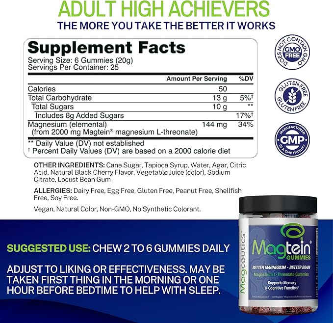 Magtein Gummies - Magnesium L-Threonate Gummies, Brain Support, Focus Supplement, Boost Memory & Cognitive Function - 150 Vegan Gummies