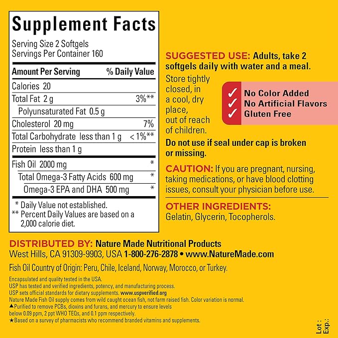 Nature Made Fish Oil Omega 3 Supplements, 1000mg Softgels, Omega 3 Fish Oil for Healthy Heart Support, 320 Softgels, 160 Day Supply