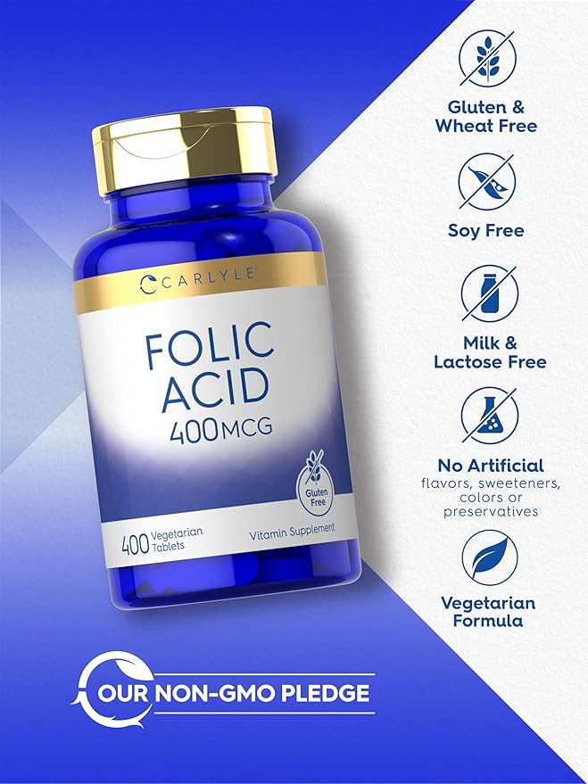Carlyle Folic Acid 400 mcg | 400 Tablets | Vegetarian, Non-GMO, Gluten Free