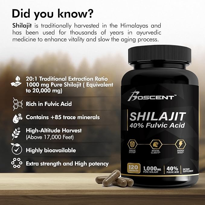 Shilajit Capsules 20,000mg โ Pure Himalayan Shilajit for Men & Women โ Organic Fulvic Acid Supplement with 85+ Trace Minerals โ High Potency Natural Energy & Vitality Support โ 120 Vegan Capsules