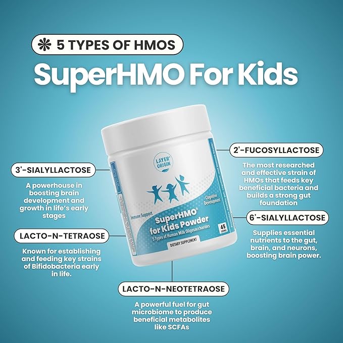 SuperHMO Prebiotic Mix for Kids - 5 HMOs for Gut, Digestion, and Cognitive Health, Powder, 45 Servings