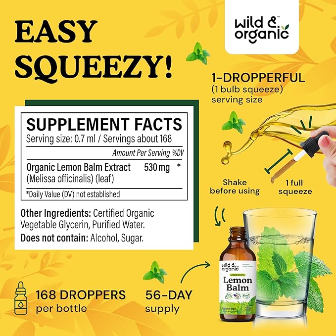 Wild & Organic Lemon Balm Tincture - Mood Support Supplement - Melissa Lemon Balm Leaf Extract Drops - Vegan, Sugar & Alcohol-Free Calming Supplement - 4 fl oz