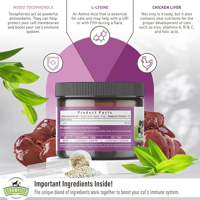 Strawfield Pets L-Lysine Immune Support for Cats & Kittens - 200g Chicken Liver Flavor Granules with Scoop, Immune Health Supplement Cat Cold Relief, Sneezing, Congestion, Running Nose, Watery Eyes