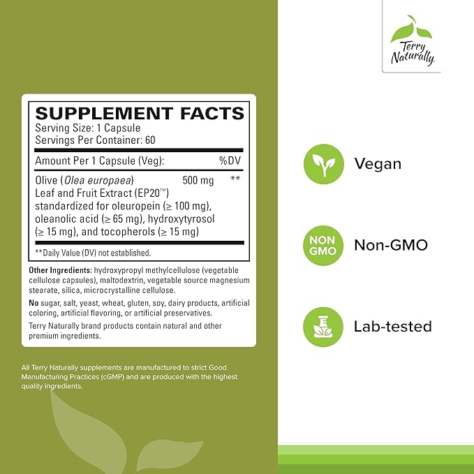 Terry Naturally Olive Extract EP20 - Brain Health Support Supplement with Olive Leaf Extract - Herbal Supplement to Aid Healthy Immune System Function - 60 Capsules (60 Servings)