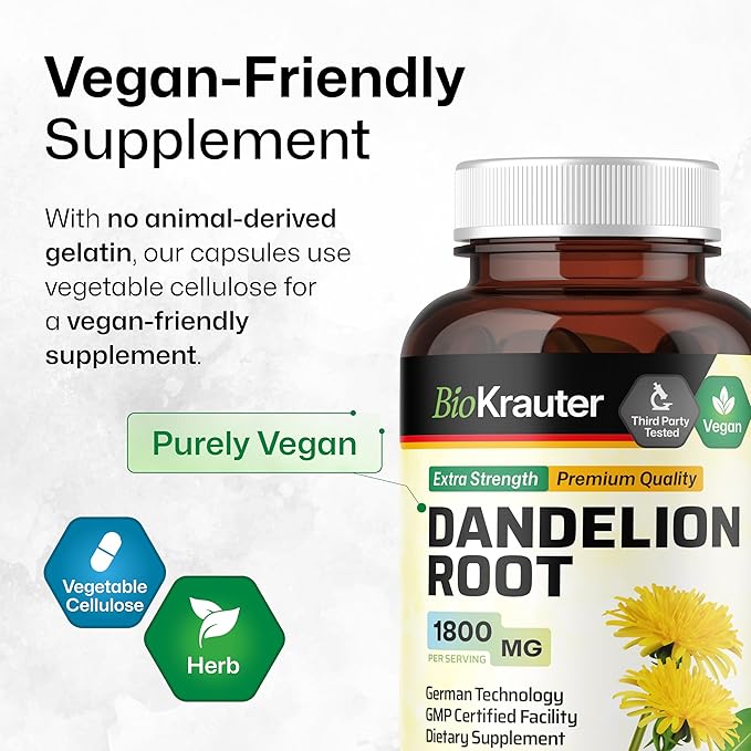 BIO KRAUTER Dandelion Root Capsules - 1800 mg Strength - 100 Count - Dandelion Root Supplement - Vegan Capsules for Liver Support