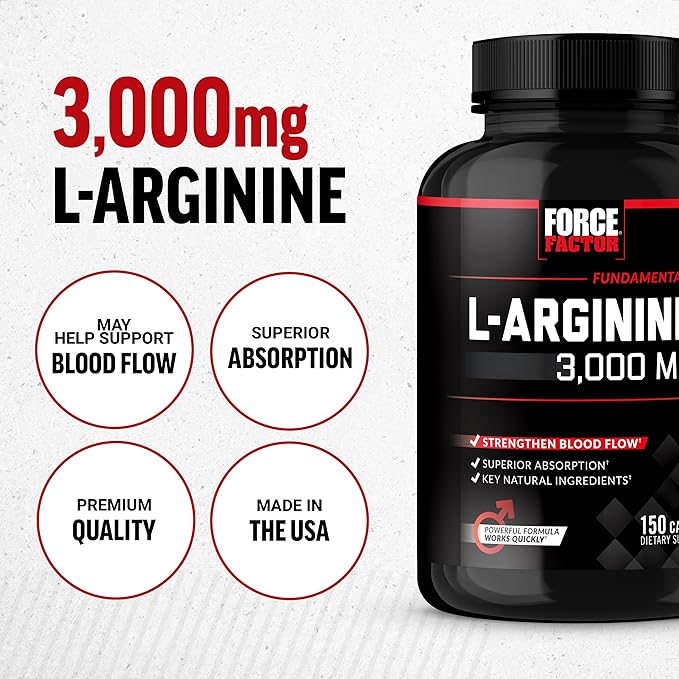 Force Factor L-Arginine,3-Pack,Nitric Oxide Supplement with BioPerine to Help Build Muscle & Support Stronger Blood Flow,Circulation,Nutrient Delivery,& Pumps,L-Arginine 3000mg,3g,450 Capsules