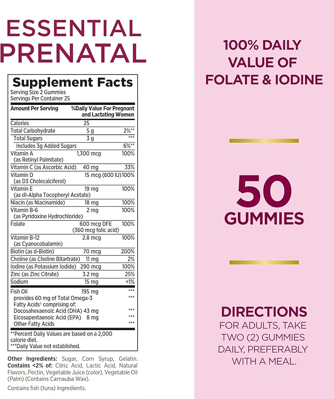 Nature's Bounty Essential Prenatal Gummies, Folic Acid and Iodine, Omega 3 and DHA, 50 Count (Pack of 2)