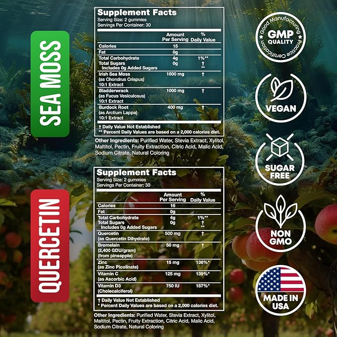 Quercetin Gummies + Irish Sea Moss Gummies - Immune Support Gummies - Irish Sea Moss Bladderwrack Burdock Root & Quercetin with Vitamin C - 60 Seamoss Gummies, 60 Quercetin with Zinc Gummies
