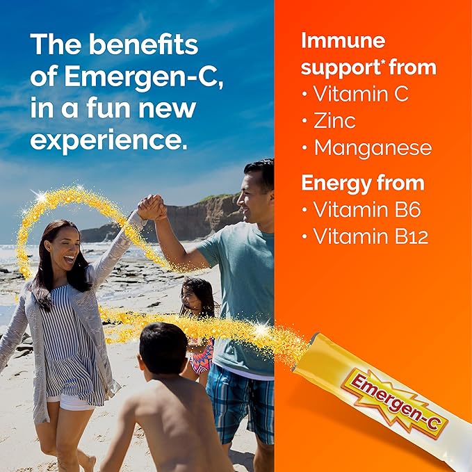 Emergen-C Crystals, On-the-Go Emergen-C Immune Support Supplement with Vitamin C, B Vitamins, Zinc and Manganese, Orange Vitality - 56 Stick Packs