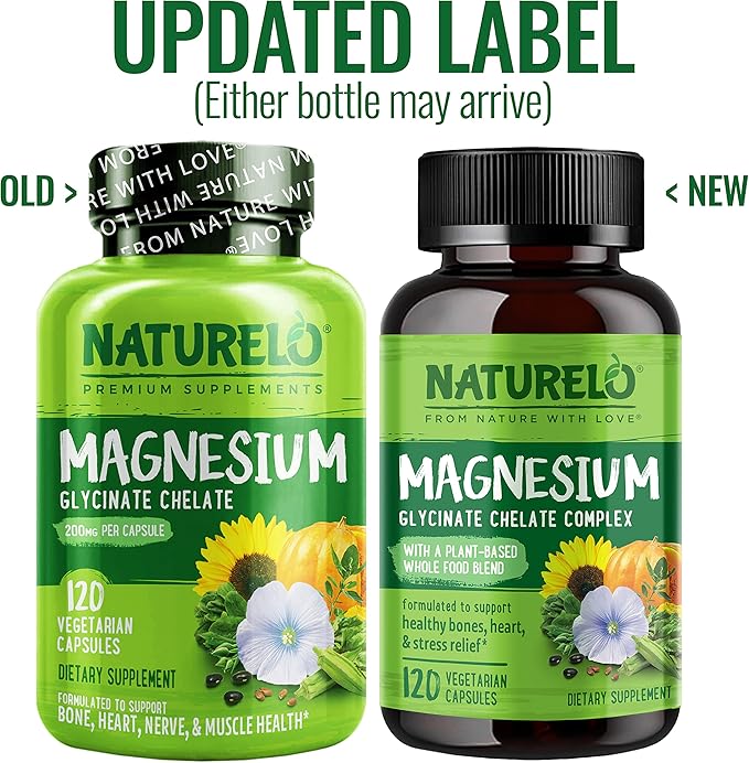 NATURELO Magnesium Glycinate Chelate Complex - 200 mg Magnesium with Organic Vegetables to Support Sleep, Calm, Muscle Cramp & Stress Relief - Gluten Free, Non GMO - 120 Capsules