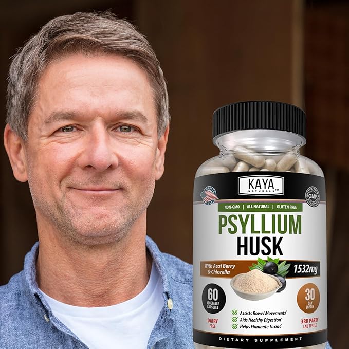 Kaya Naturals Psyllium Husk Capsules - 60 Count | High Fiber Supplement | Digestive Health & Regularity | Gluten-Free, Non-GMO