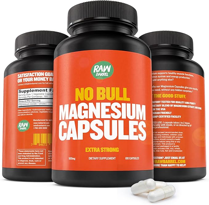 “No Bull” Magnesium Capsules, Unique Magnesium Citrate and Oxide Formula for Sleep and Relaxation, Magnesium Pills to Prevent Muscle Aches and Spasms, Magnesium Oxide Citrate, 500g