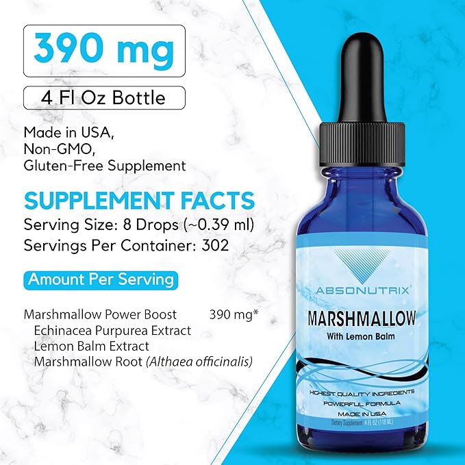 Absonutrix Marshmallow with Lemon Balm 390 mg, 4 Oz Liquid, 302 Servings, Made in USA, Quick Absorption, Quality Potent Ingredients, Non-GMO, GMP Certified, Cruelty-Free Products