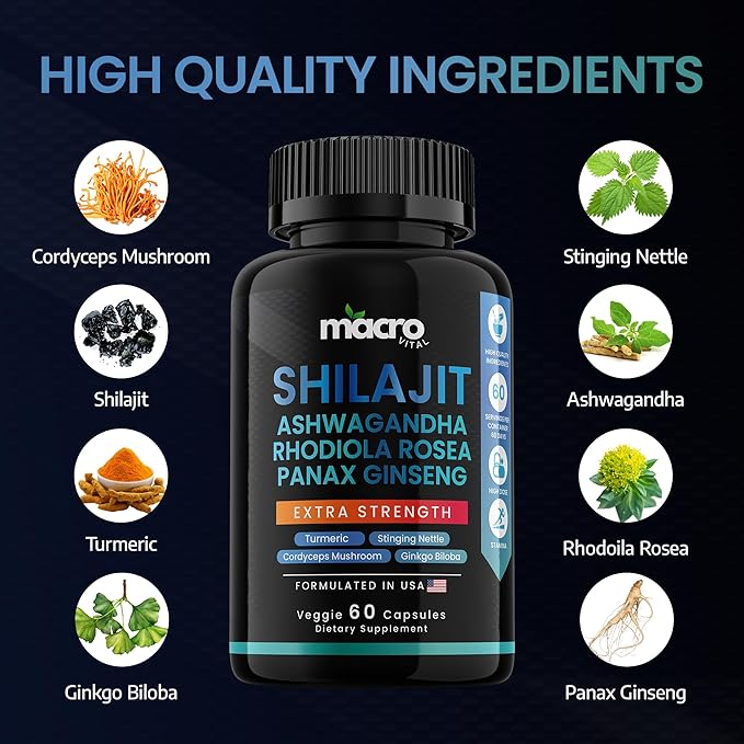 Pure Himalayan Shilajit for Men and Women 8-in-1 Supplement, Organic Himalayan Shilajit Capsules with Ashwaganda, Rhodiola Rosea and Panax Ginseng for Energy-Stamina- 60 Veggie Capsules