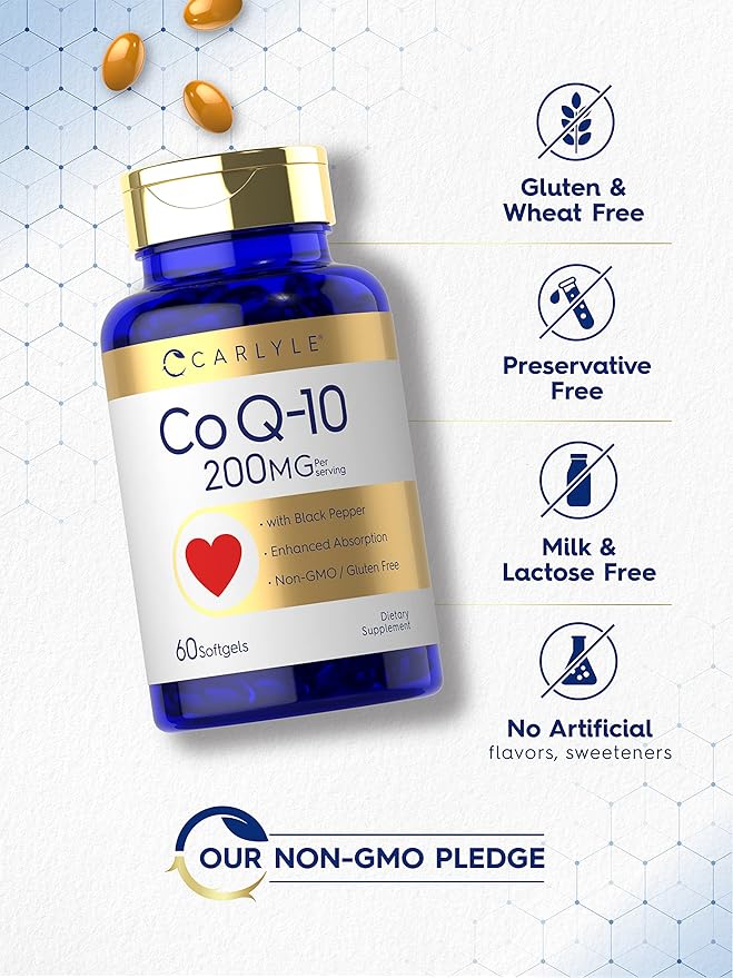 Carlyle CoQ10 200mg Softgels | 60 Count | with Black Pepper | Enhanced Absorption | Non-GMO, Gluten Free Supplement