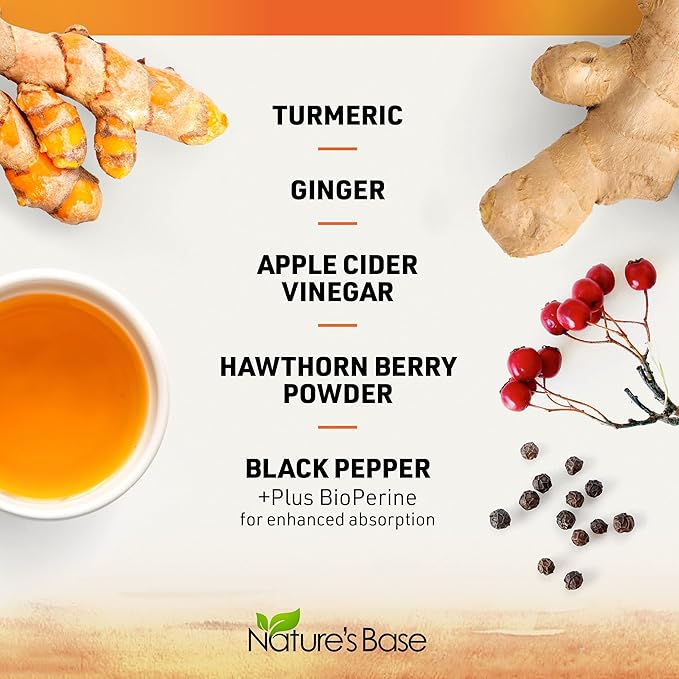 Nature's Base Turmeric Curcumin Supplement - with Ginger, Apple Cider Vinegar, & BioPerine Black Pepper Extract - 95% Curcuminoids - 120 Capsules