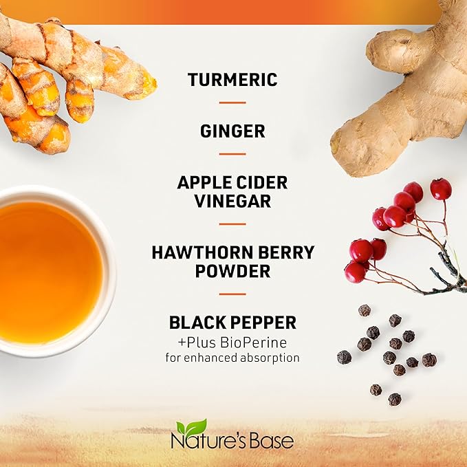 Nature's Base Turmeric Curcumin Supplement - with Ginger, Apple Cider Vinegar, & BioPerine Black Pepper Extract - 95% Curcuminoids - 240 Capsules