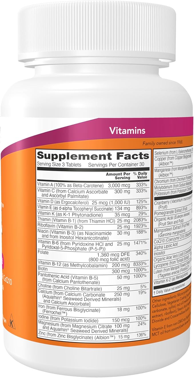 NOW Foods Supplements, Eve™ Women's Multivitamin with Cranberry, Alpha Lipoic Acid and CoQ10, plus Superfruits - Pomegranate, Acai & Mangosteen, 90 Tablets
