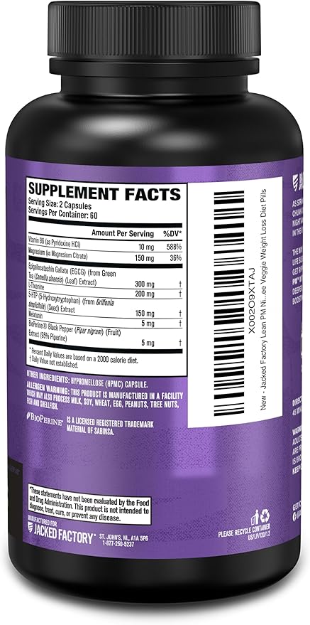 Jacked Factory Lean PM Night Time Fat Burner, Sleep Aid Supplement, & Appetite Suppressant for Men and Women - 120 Stimulant-Free Veggie Weight Loss Diet Pills
